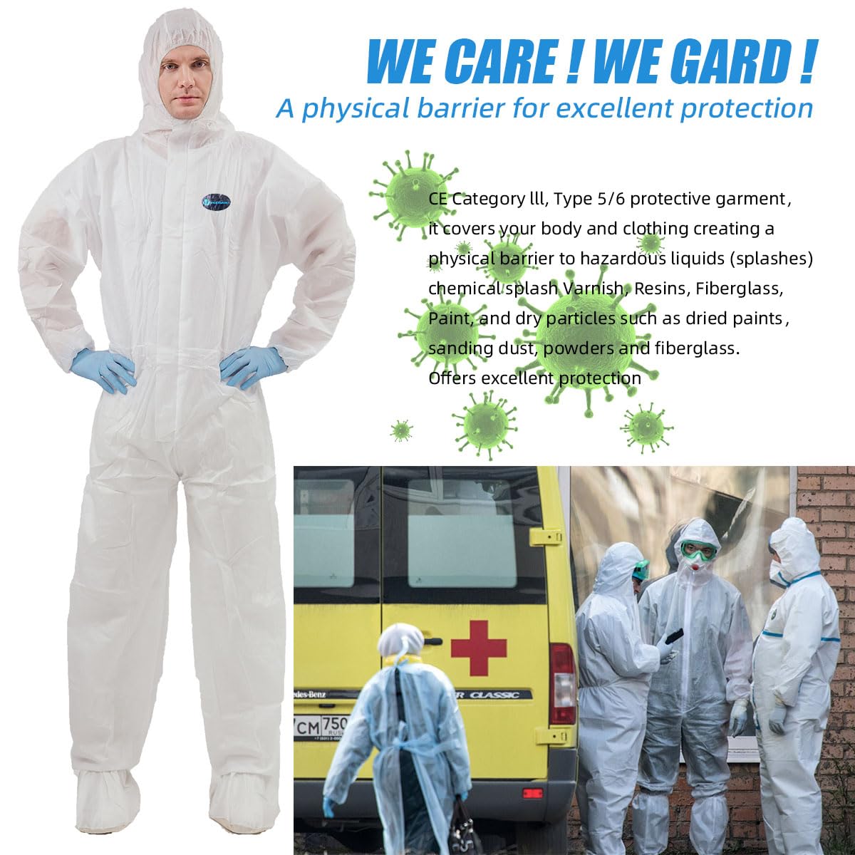 2 Pack Vicogard Hazmat Suits, SMS Breathable Disposable Coveralls, Front Zipper Elastic Waistband & Cuffs Ankles, Painters Suit for Men & Women with Hood for Hospitals, Laboratories, Medical