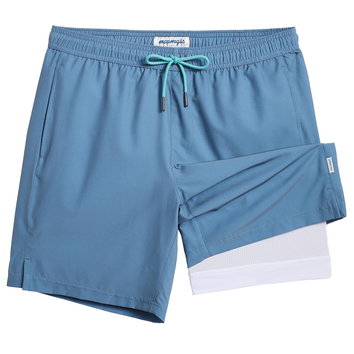 maamgic Mens Swim Trunks with Compression Liner 7 Inch Inseam Mens Bathing Suit Quick Dry Swimming Trunks Swimsuit Haze Blue and White Medium