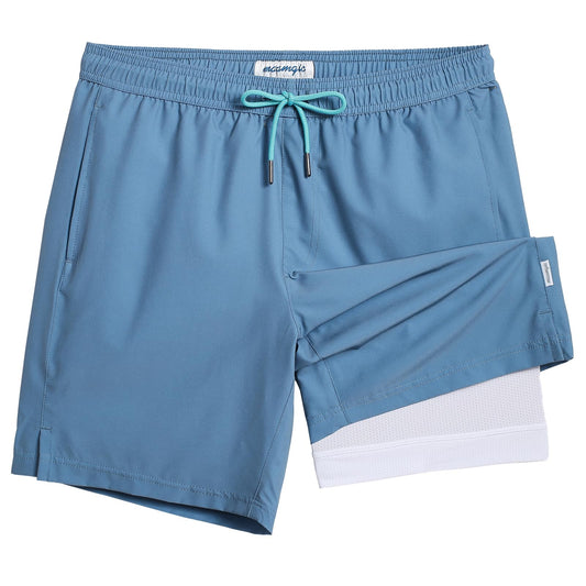 maamgic Mens Swim Trunks with Compression Liner 7 Inch Inseam Mens Bathing Suit Quick Dry Swimming Trunks Swimsuit Haze Blue and White Medium