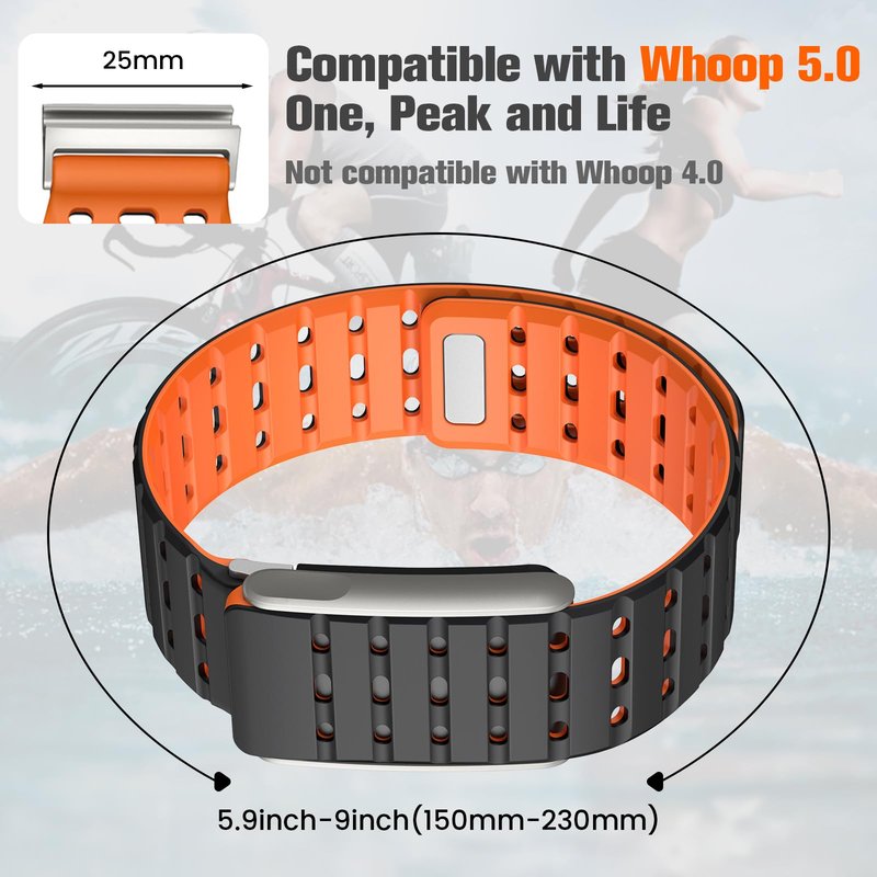 Anpzband-Silicone Magnetic Band Sports Compatible with Whoop 5.0 Band, Adjustable Breathable Replacement Wristbands Straps, with U-Shaped Frame, Strap Men Women, for Whoop 5.0 Silicone Bands (Black Orange)