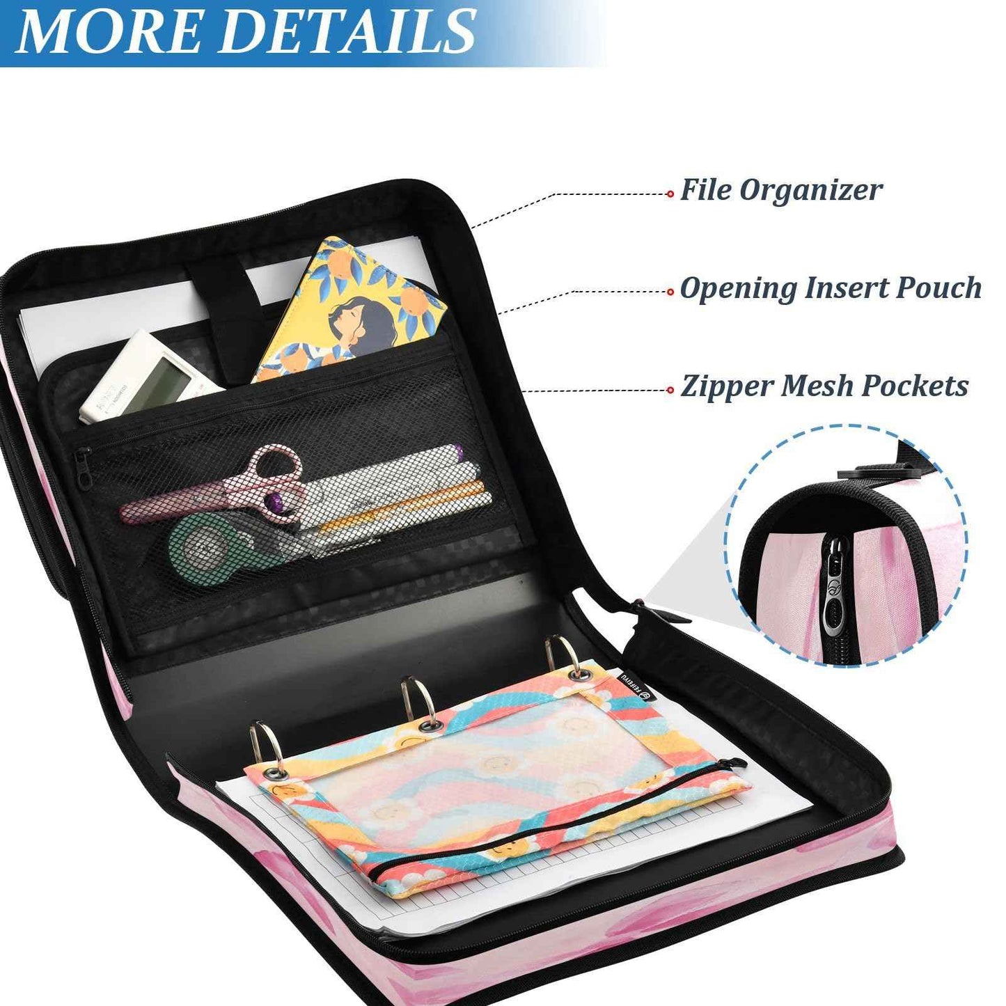 Blueangle Pink Bow Zipper Binder, 1.5-Inch 3-Ring Binder Bag Holds 500 Pages, Multi-Pocket Zipper Organizer with Adjustable Strap & Handle