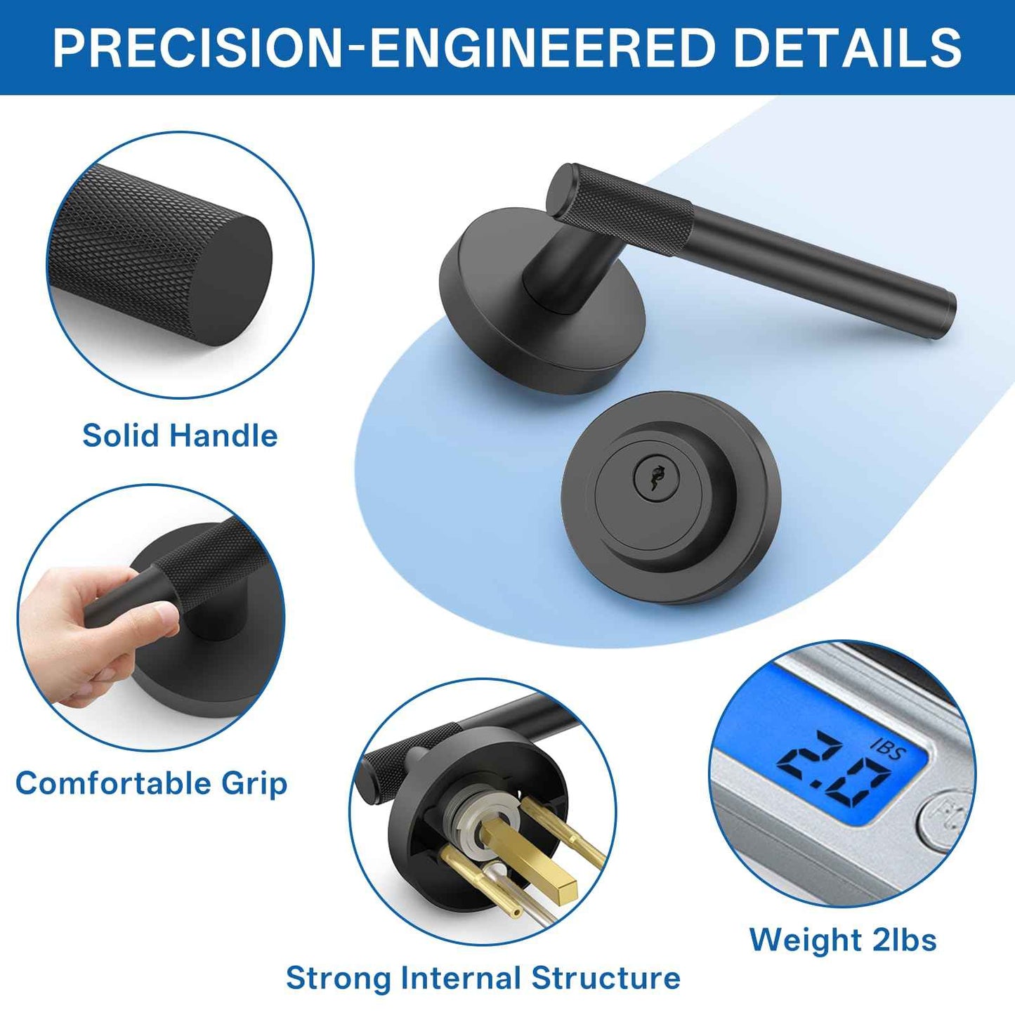 Amerdeco Front Door Lock Set with Double Cylinder Deadbolt, Black Exterior Entry Door Lever, Heavy Duty Entry Door Locksets for Left or Right Hand Exterior Door（Black 2 Pack）