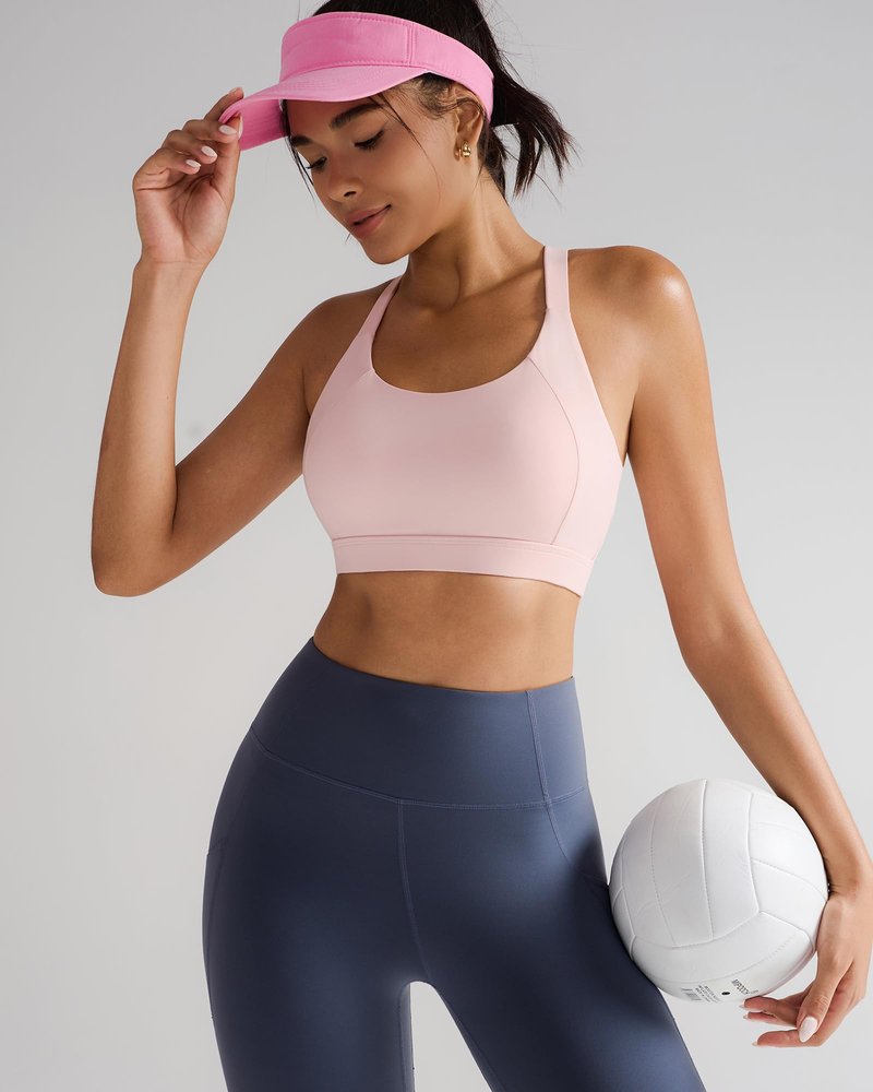 RUNNING GIRL Sports Bra for Women, Strappy Running Padded Sports Bras High Impact Yoga Bra with Sewn in Pads(3138_Pink_M)