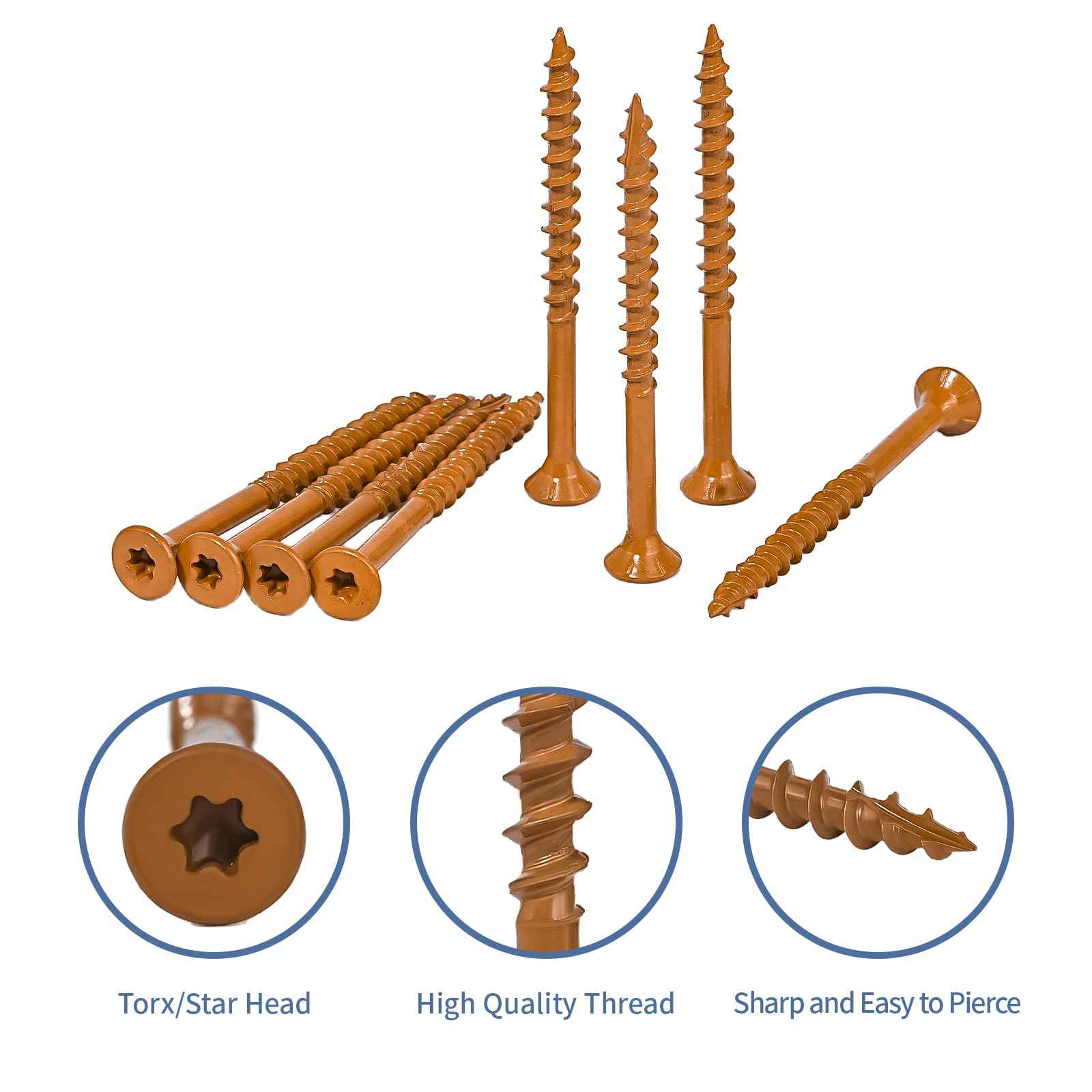 Goobetter Wood Screws 2-1/2 Inch, Deck Screws #10 x 2-1/2", 300 PCS, Rust Resistant, Epoxy Coated, Outdoor Decking Screws, Torx/Star Drive Head, T25 Star Bit Included, Brown