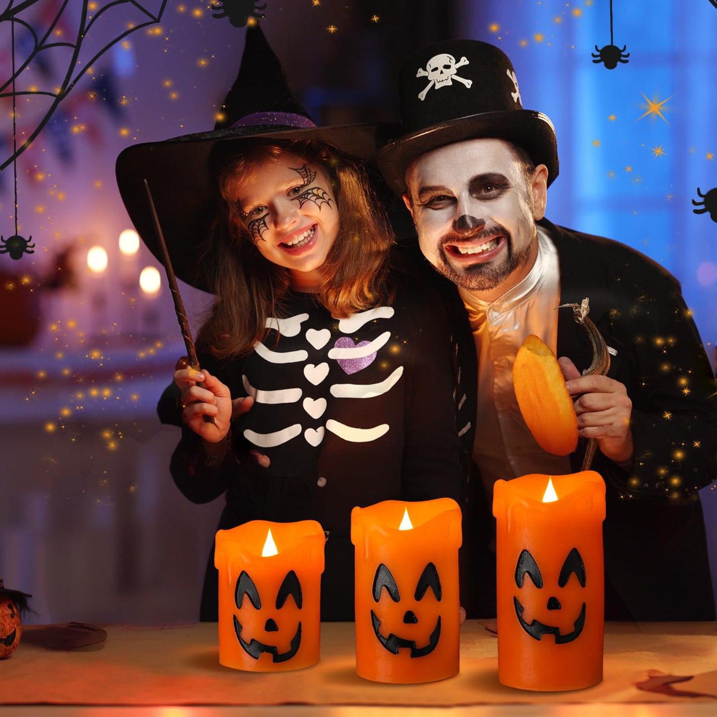 LCZLUMIPRO Halloween Candles Flameless Ghost Face Decor, Orange Pumpkin Dripping Real Wax Battery Operated LED Pillar Candles for Halloween Fall Indoor Table Dinner Decorations, Set of 3(3" x 4/5/6")
