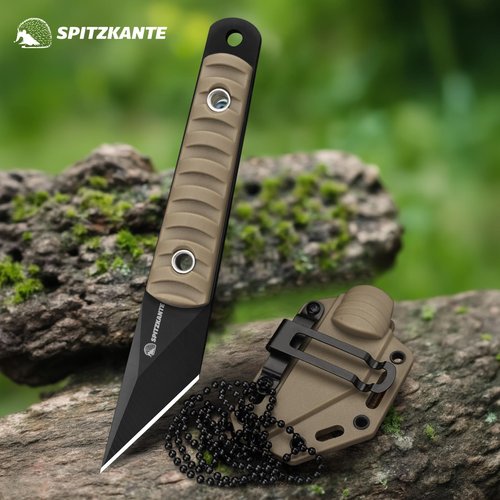SPITZKANTE 5.79" Mini Neck Knife, Kiridashi Style Full Tang Fixed Blade EDC Knife with Khaki ABS Handle, 5Cr14MoV Steel, Sheath and Necklace, Outdoor Camping Hiking Fishing Survival Everyday Carry