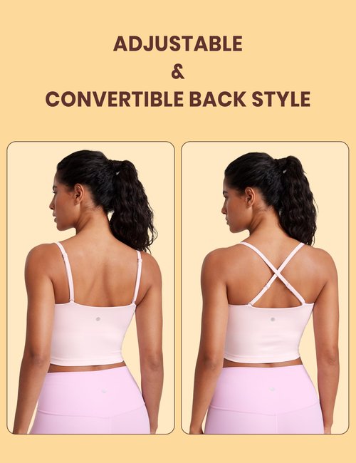 CRZ YOGA Butterluxe Cami Crop Tank Tops for Women - Square Neck Adjustable Padded Longline Sports Bras Workout Camisole Strawberry Pink Small