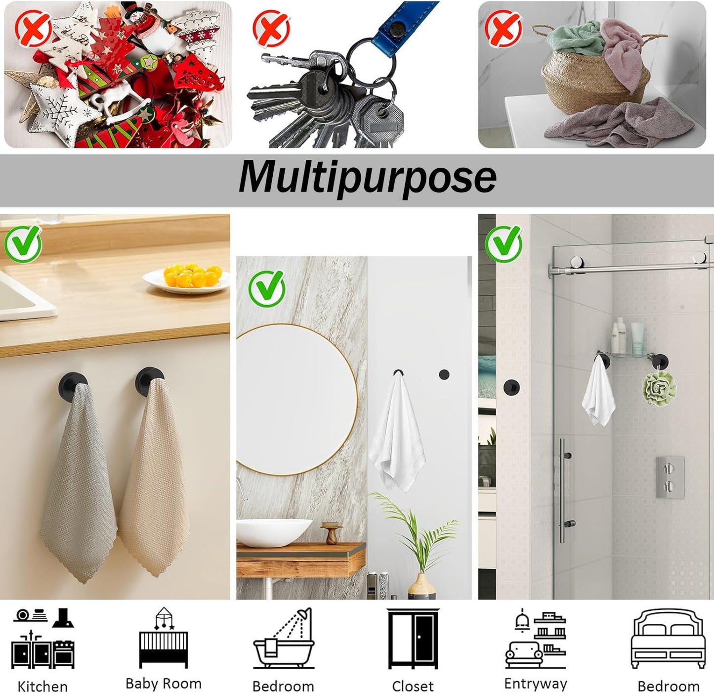 Luxe No-Drill Hooks, Suction Cup Hooks for Wreaths on Glass, 2025 New No Drill Suction Cup Hook for Shower Hanging Towels, Wreath Hanger Holder for Glass Door Bathroom Mirrors (Silver)