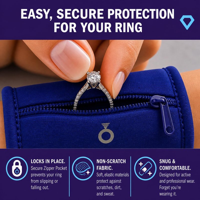 RingHero Wristband Ring Holder: Secure Wedding & Engagement Ring Pouch for Gym, Travel & Work | Prevent Loss & Damage | Hidden Zippered Pocket for Valuables | 4-Way Stretch - Blue