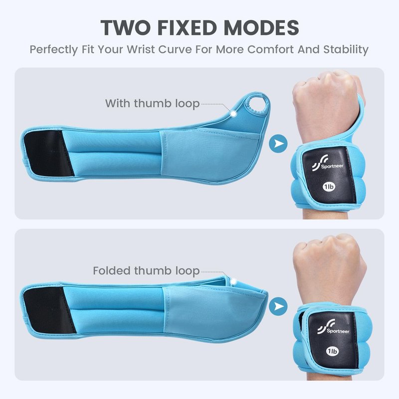 Sportneer Wrist Weights with Thumb Loops Lock for Men Women, 2 LBS /4 LBS Pair Arm Hand Weights for Running Walking Jogging Physical Therapy Gym Strength Training Cardio Exercise, Increase Wrist & Hand Resistance (Blue, 1 LB x 2)