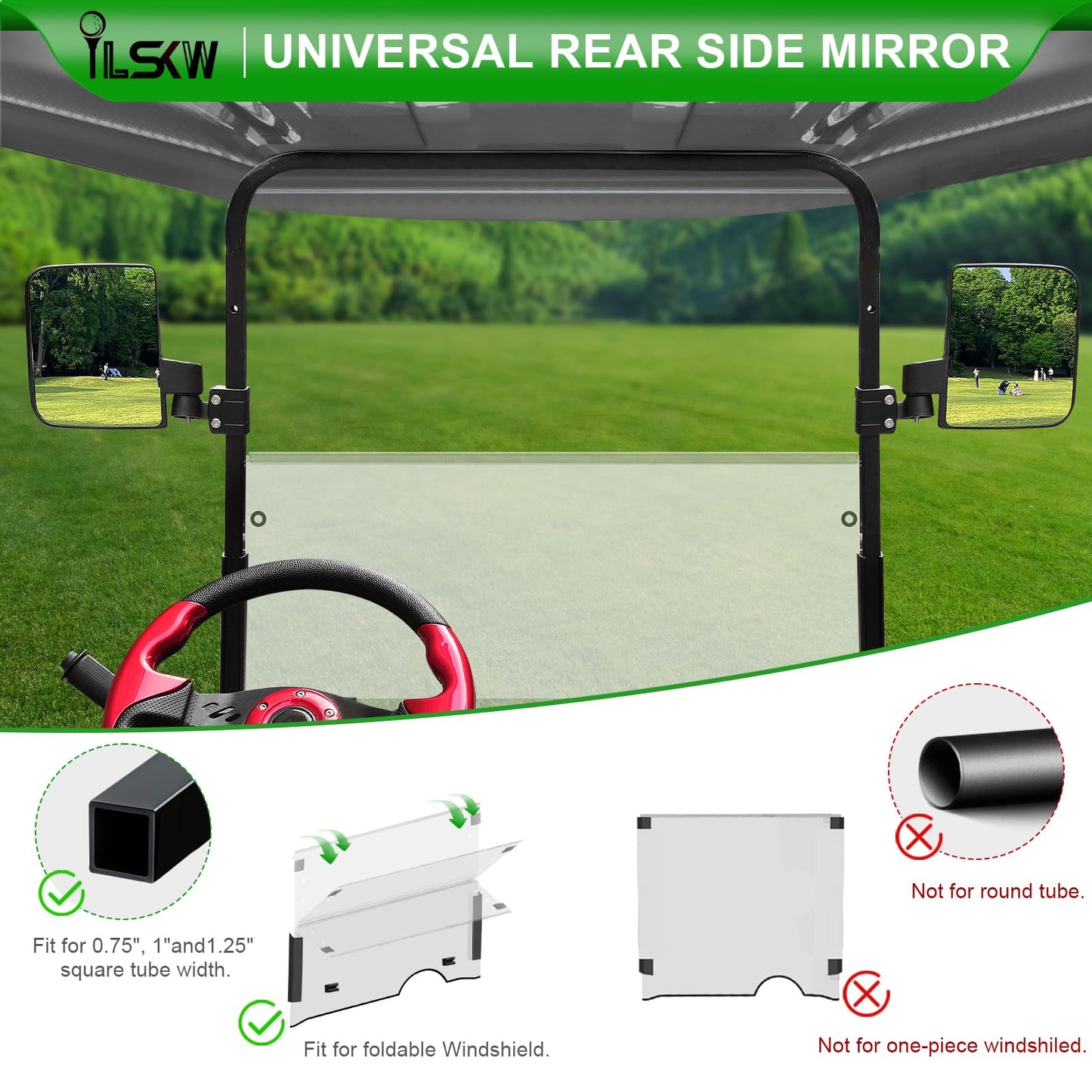 No Drilling Golf Cart Side Mirrors with Built-In Reflector, Universal Rear View Mirrors for 0.75"/1"/1.25" Square Strut Fits Ezgo,Club car,Yamaha Cart with 180 Degree Rotation HD Glass