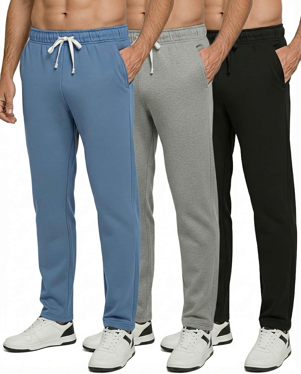 Real Essentials Men's Tech Fleece Sweatpants - 3 Pack, Open Bottom with Pockets | Big & Tall Sizes Available