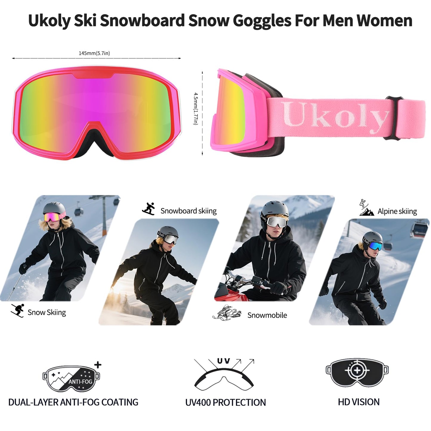 Ukoly Ski/Snowboard Goggles for Men Women, Snow Goggles HD Lens Anti-Fog Coating OTG Design UV400 Protection Windproof (Pink Frame Revo Pink HD Lens)