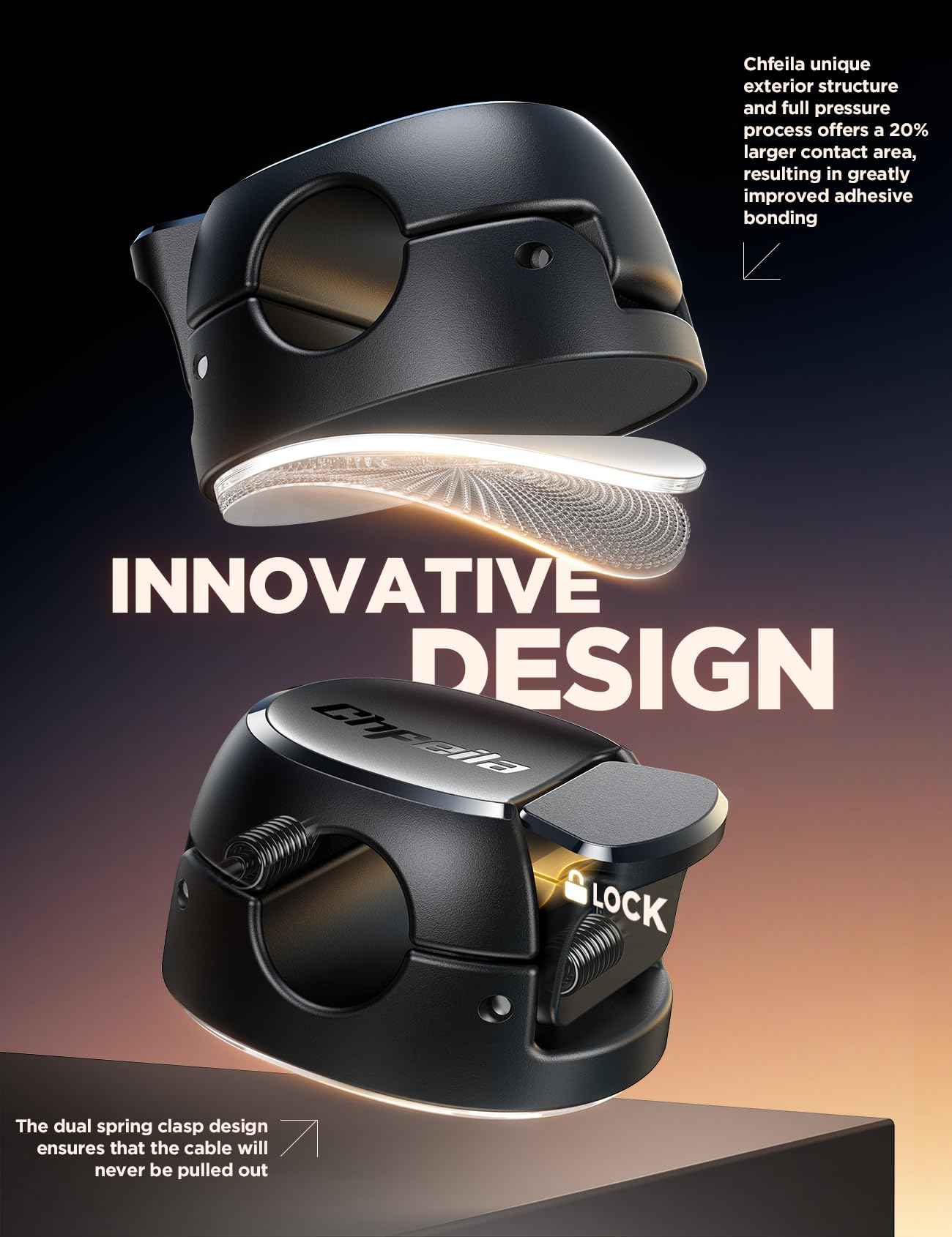 12Pack Cord Organizer [Dual Spring & Clasp, Max Secure] Cable Clips - Chfeila Cord Holder, Desk Cable Management, Adhesive Phone Charging Wire Holder for Nightstand/Car/Wall, Office Accessory - Black