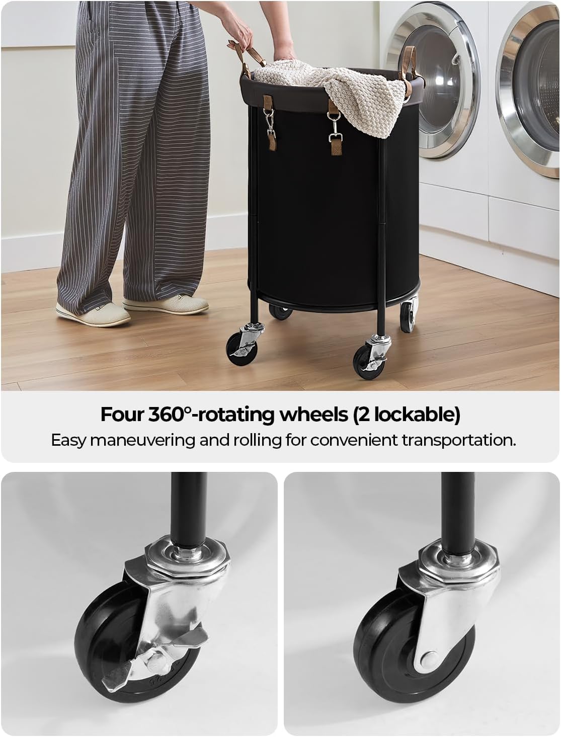StorageWorks Rolling Laundry Basket - 110L Clothes Hamper with Wheels & Steel Frame - Black