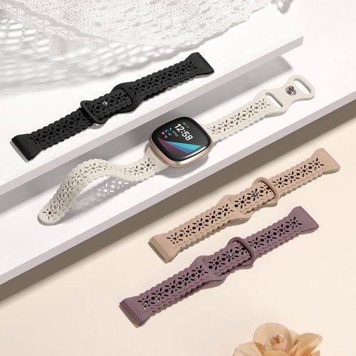 Dirrelo 4 pack Lace Silicone Band Compatible with Fitbit Versa 3 Bands Women/Versa 4 Bands, Ultrathin Hollow-out Sport Strap Replacement Wristbands for Fitbit Sense/Sense 2 / Versa 3 /Versa 4 Watch