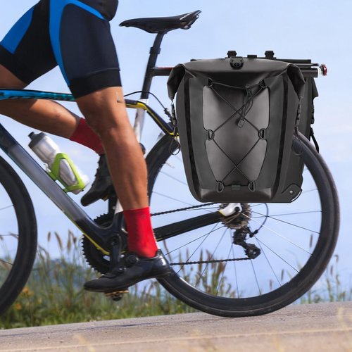 Leopauto Bike Pannier Bag, Double 25L Max Waterproof Bike Rear Rack Bag Large Capacity Bike Rear Panniers with Elastic Cord for Cycling Touring Commuting