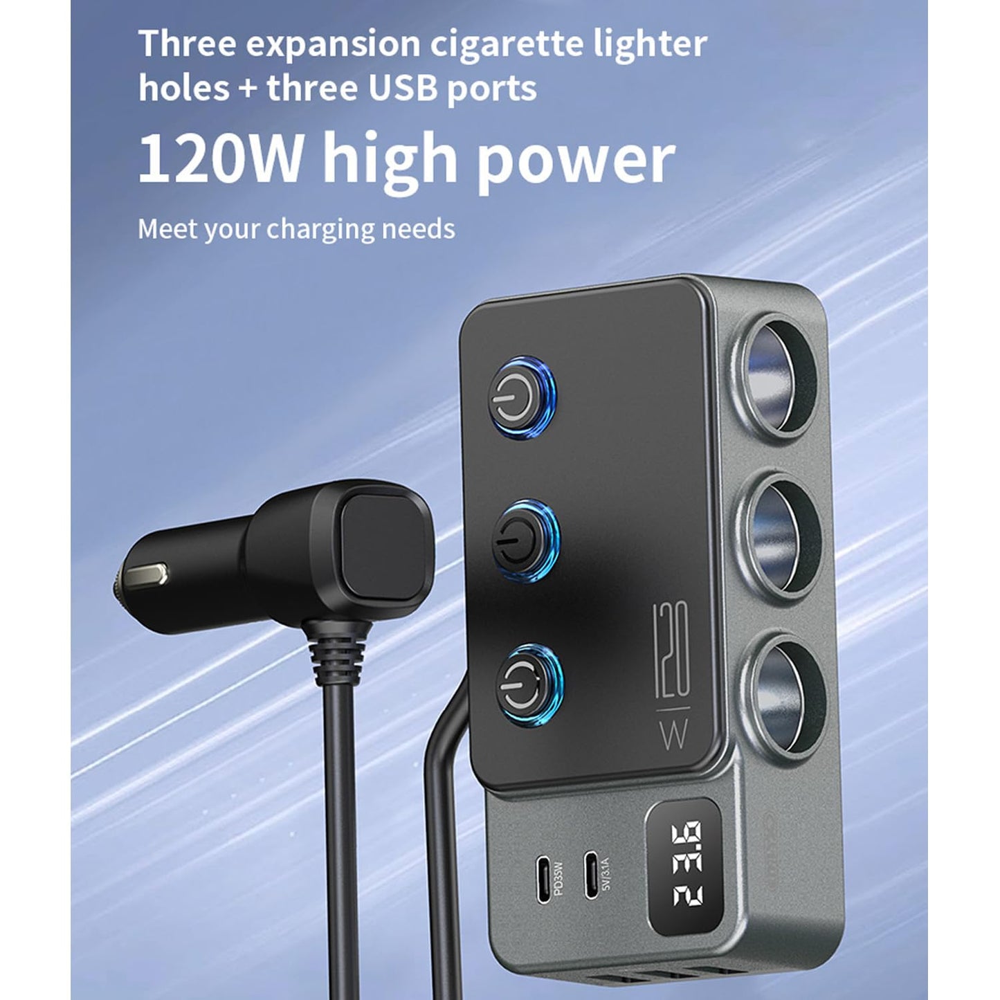 Cigarette Lighter Splitter, 8 in 1 Car Cigarette Lighter Adapter PD 35W Car Charger 3-Socket Heavy Duty Truck Multi Port USB C 12V/24V Independent Switches LED Display Super Fast Charger Car Devices