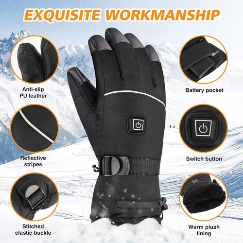 Heated Gloves for Men - Rechargeable Electric Battery Heated Gloves for Men and Women Touchscreen Winter Thermal Glove with 3 Heating Levels Waterproof Glove for Hunting (Black, XL)