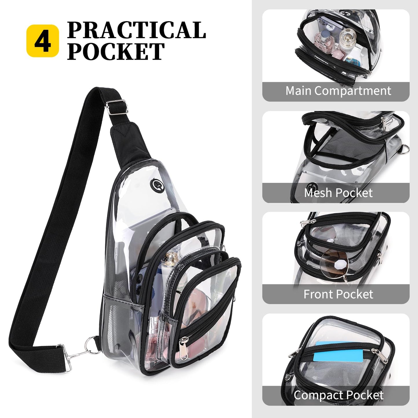 Clear Bag for Stadium Events, Clear Purse Bag for Women Men Waterproof PVC Crossbody Fanny Pack for Concert Sport Hiking Travel, Black