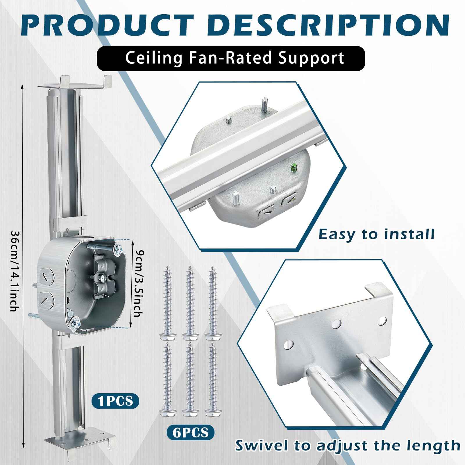 Tandefio 1 Pcs Adjustable Ceiling Fan Bracket Ceiling Mounting Bracket Electrical Box for Fans and Light Fixtures, 14.7 Inches in Length