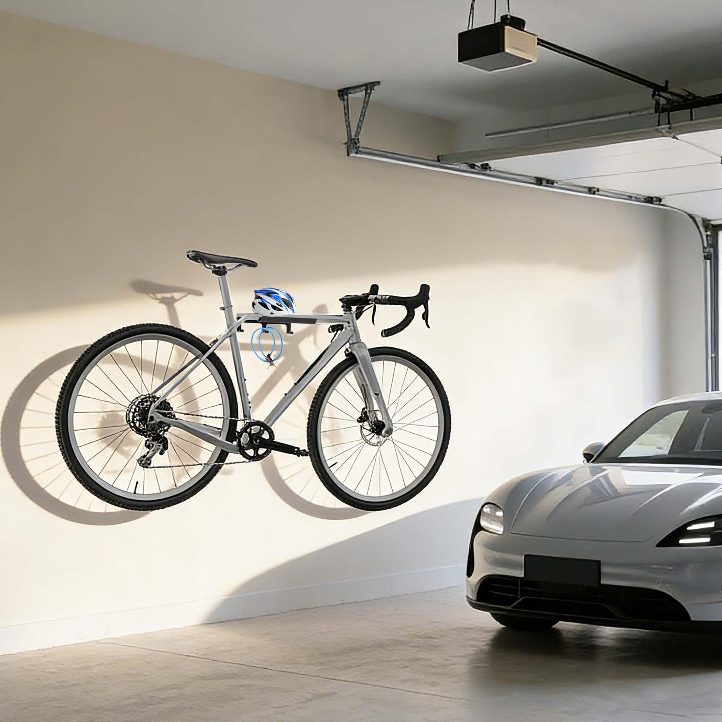 KOQEIEY Bike Wall Mount - Horizontal Indoor Bike Rack for Garage Storage - with Holds a Helmet and Shoes - Space Saving Wall Bike Hanger Mount for Road, Mountain and Hybrid Bikes in Garage