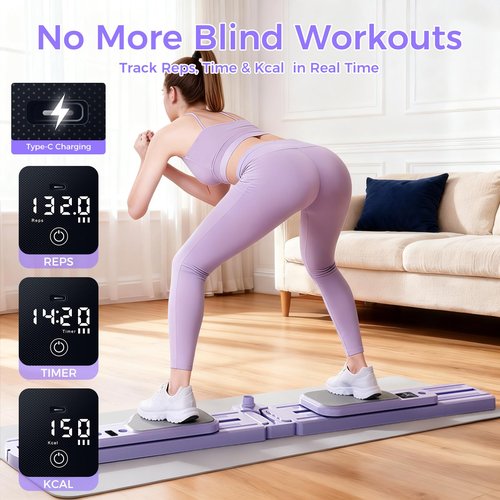 Pilates Board, Pilates Reformer, Portable Pilates Reformer, Pilates Board for Home Workout, 9 in 1 Foldable Pilates Equipment with Timer & Resistance Band, Fitness, Exercise, Ab, Core (Purple)