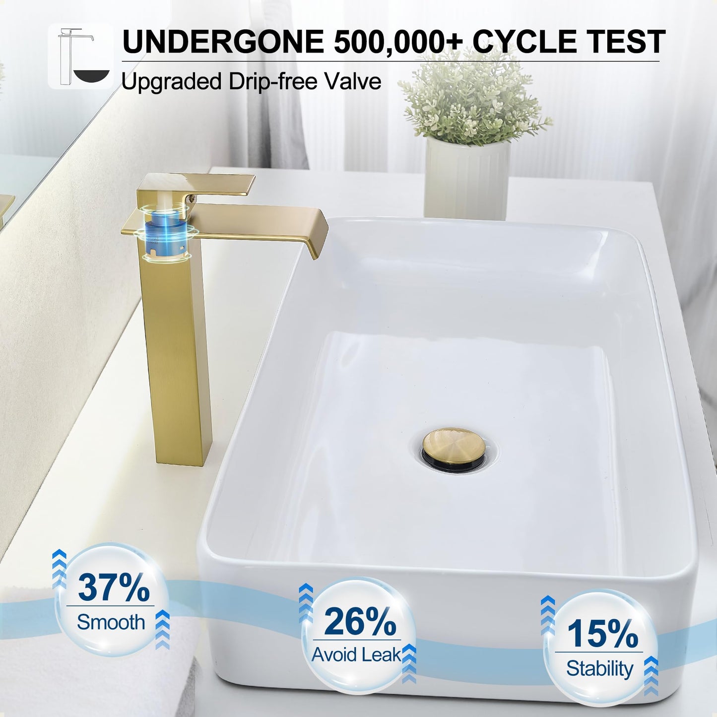 HEYMYTAP Gold Vessel Sink Faucet, Brass Waterfall Tall Faucet for Bathroom Sink 1 Hole with Pop Up Drain and Supply Hoses for Vanity Restroom Modern