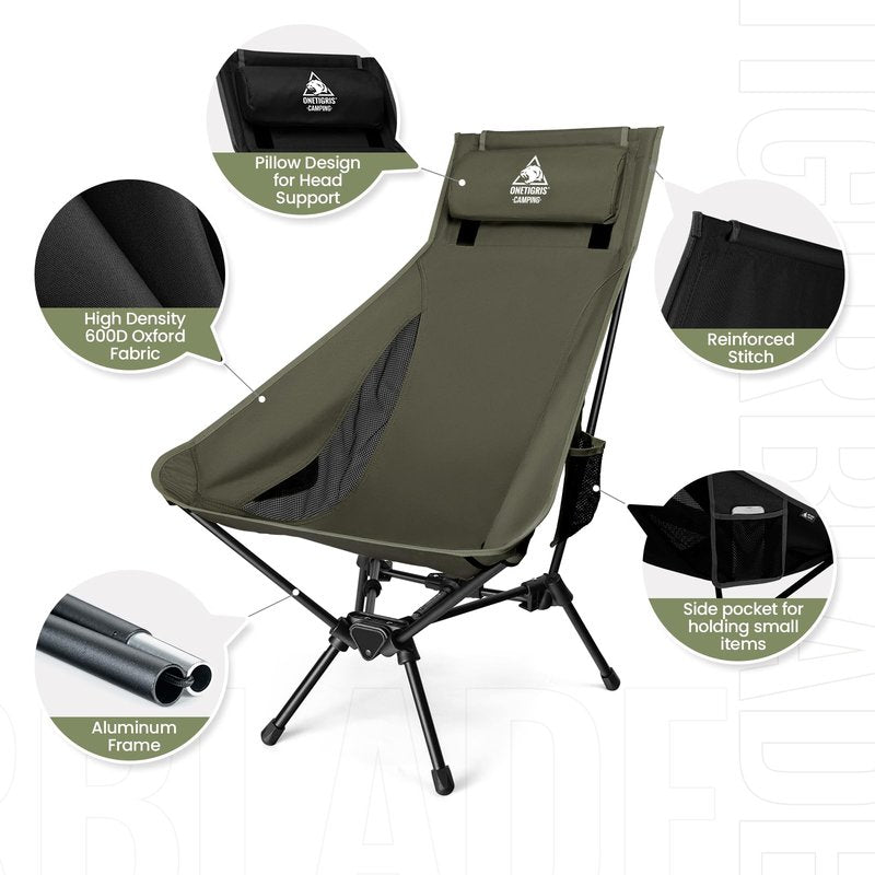 ONETIGRIS Tigerblade High Back Camping Chair with Pillow Design, Comfortable Widened Seat Folding Chair