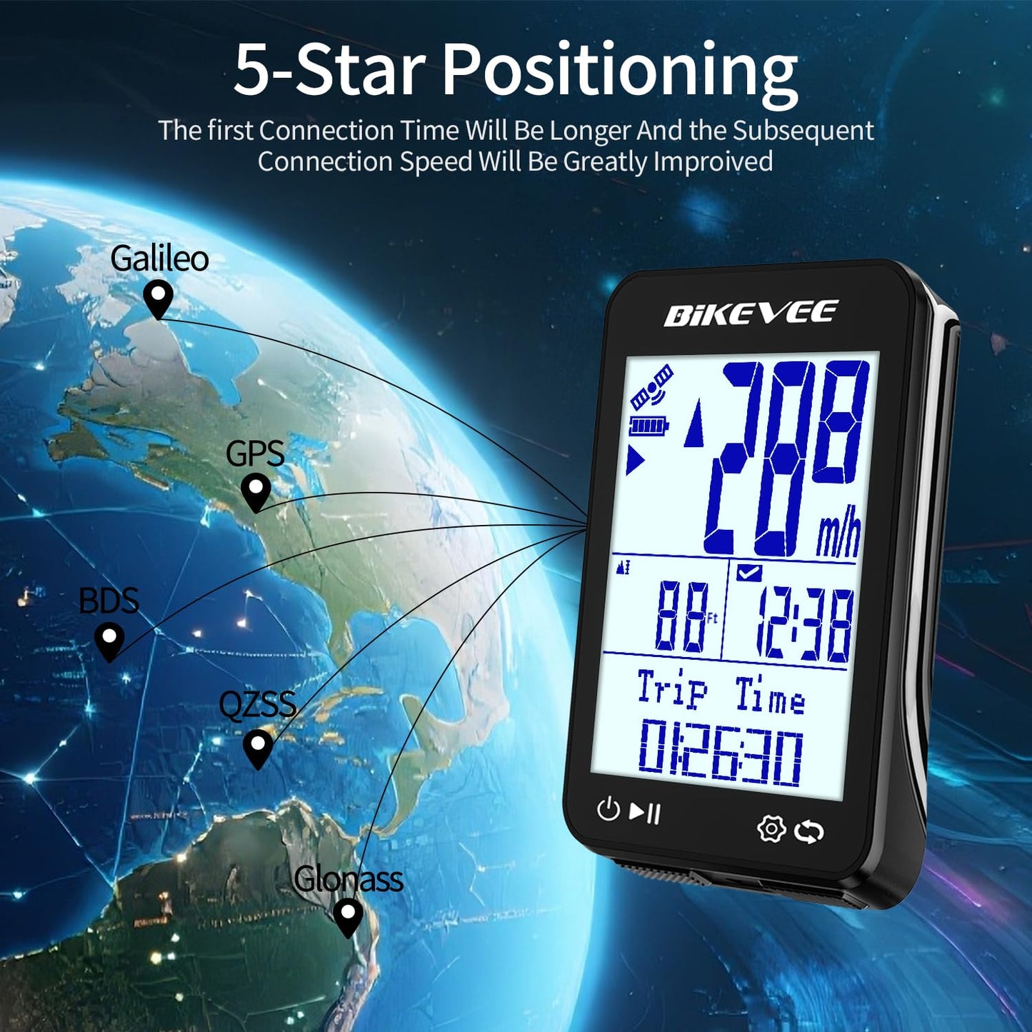 Bikevee GPS Bike Computer Wireless Bicycle Speedometer Odometer 9 Languages Auto Backlight Auto Start Stop IPX7 Waterproof 2.4 Inch LCD with Out Front Mount Supports MPH KMH - Black