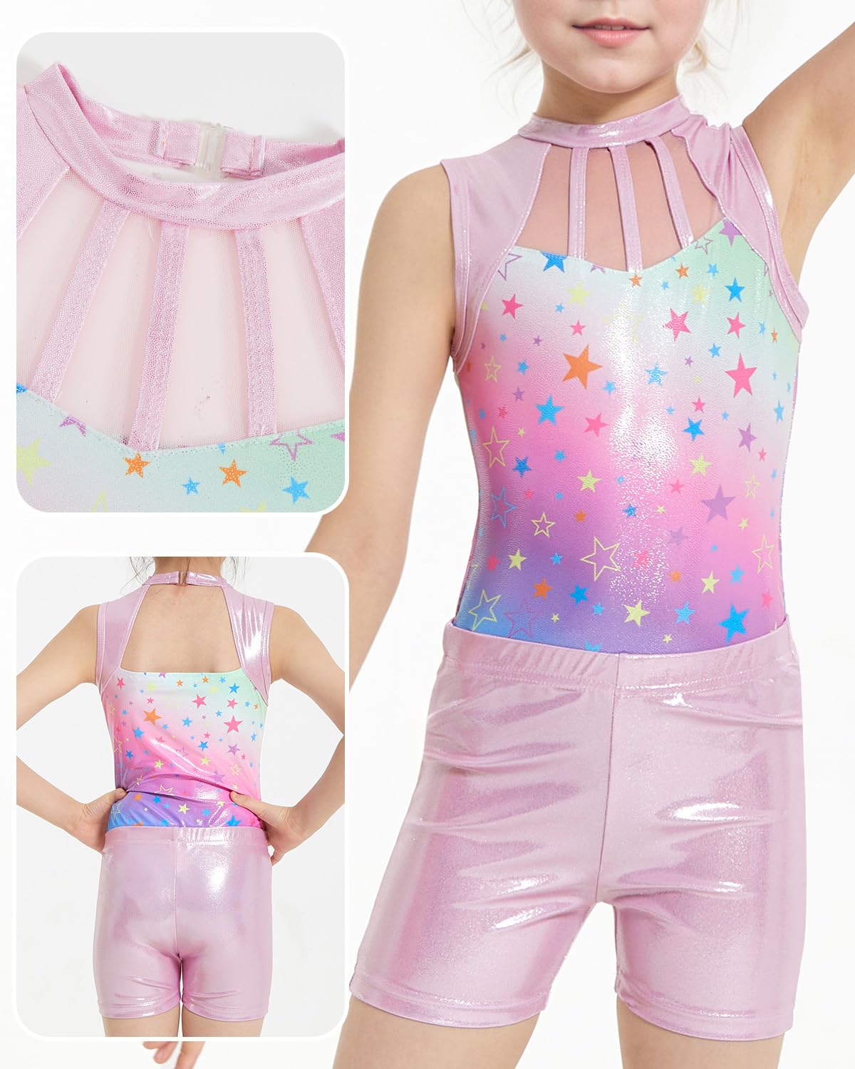 JiAmy Gymnastics Leotards for Girls, 6-7 Years Old Sparkly Sleeveless Biketards Unitards with Shorts Dance Ballet Tumbling Outfits Purple Leopard Gymnastics Gifts