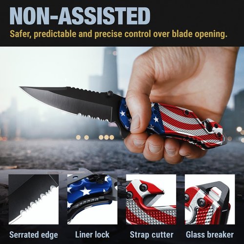 Good Worker Legal Pocket Knife - 2.95” Serrated Blade, Glass Breaker & Seat Belt Cutter | EDC Folding Tool for Camping & Hiking