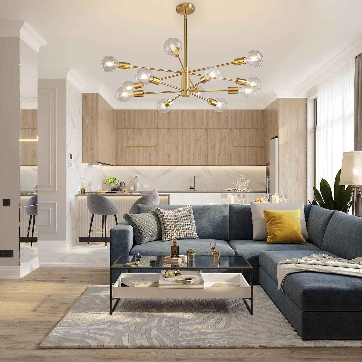 8-Light Gold Sputnik Chandelier - Modern Adjustable Ceiling Light for Dining Room, Kitchen & Foyer
