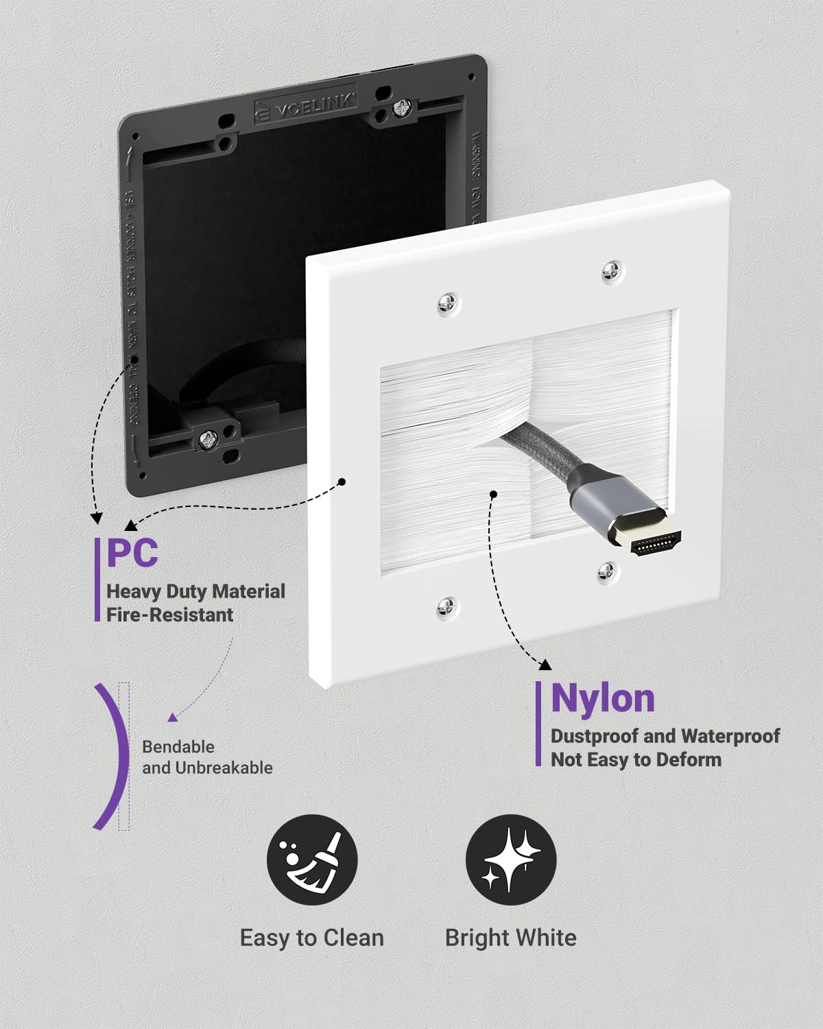 VCELINK Brush Wall Plate with Mounting Bracket, 2 Gang Pass Through Wire Hider for Cable Management, Ethernet Cables, HDMI Cables and Home Theater Systems, 2 Pair