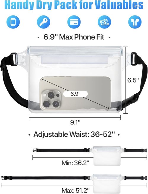 F-color Waterproof Fanny Pack - Adjustable Waist Strap & Triple Zipper Roll-Top Dry Bag for Beach, Kayaking, Boating
