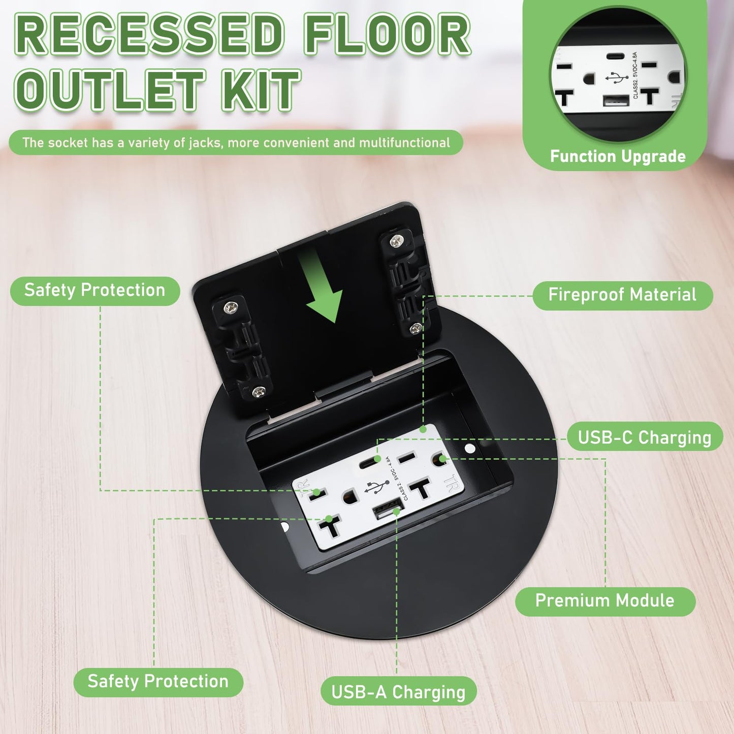 Kanayu 2 Pcs Recessed Floor Outlet with Quick Charge 4.8A USB A+C, 20A Duplex TR Receptacle, Adjustable Waterproof Steel Box, 3.2"x4" 1-Gang, Electrical Outlet Kit for Home Renovation, ETL Listed