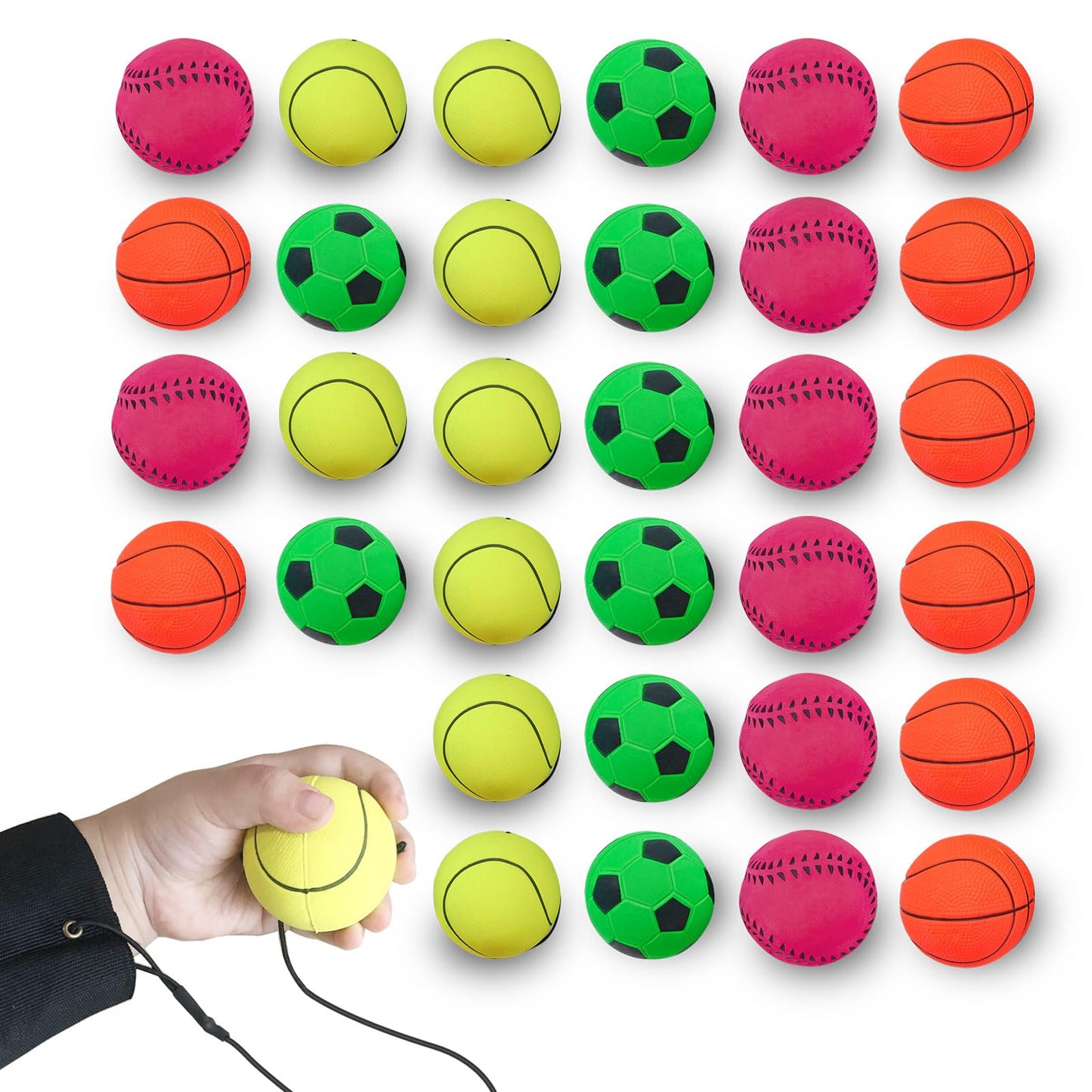 ZUYEE 32-Pack 1.85 Inch Wrist Return Balls - Children's Sports Wrist Exercise Toy Rubber Rebound Balls with Elastic String (Basketball, Baseball, Soccer) for Kids Teens Play Gifts