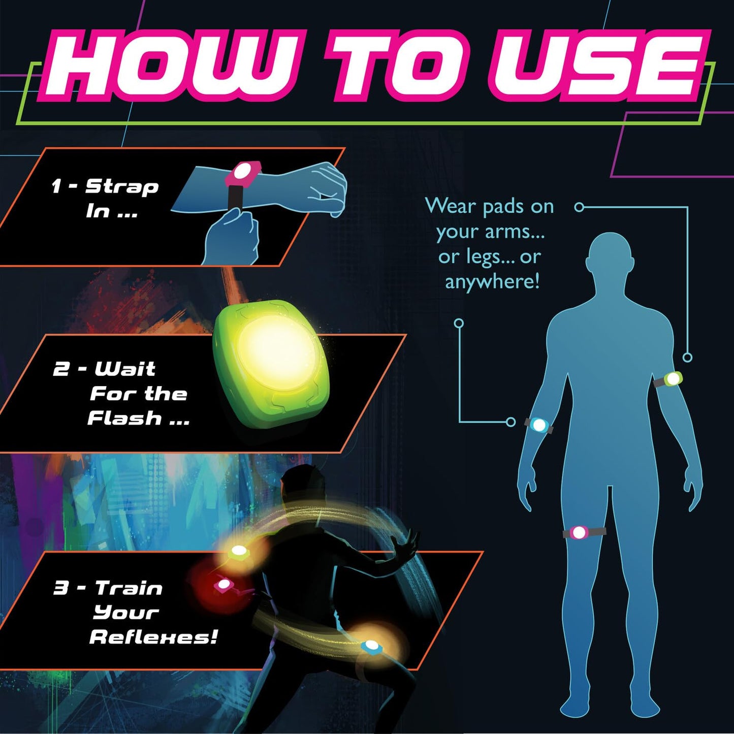 MindWare Flex Flash Reflex Training Game for Kids & Adults – Fast-Paced Reaction Speed Game with Wearable Light-Up Pads, 1–3 Players, Ages 6+