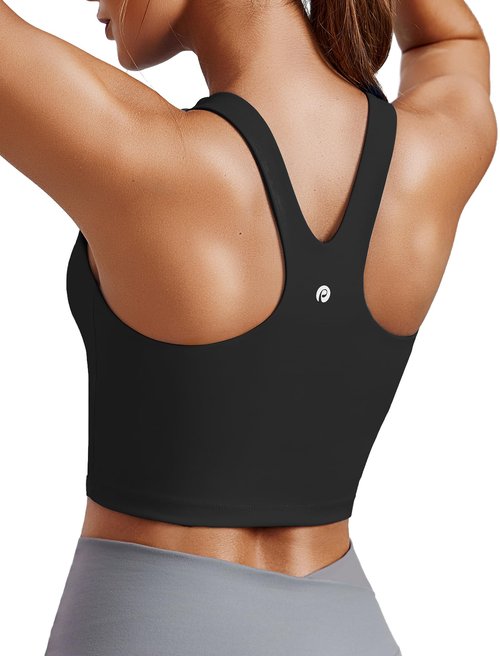 PINSPARK Women Sports Bras High Neck Workout Crop Tops Longline Racerback Tank Top with Built in Bras Activewear, Black Medium