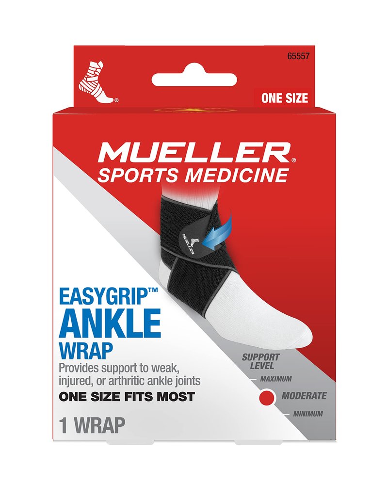 MUELLER Sports Medicine Easy Grip Adjustable Ankle Wrap, Ankle Pain Relief Support for Men and Women, Ideal for Sprains, Strains, Arthritis, Black, One Size