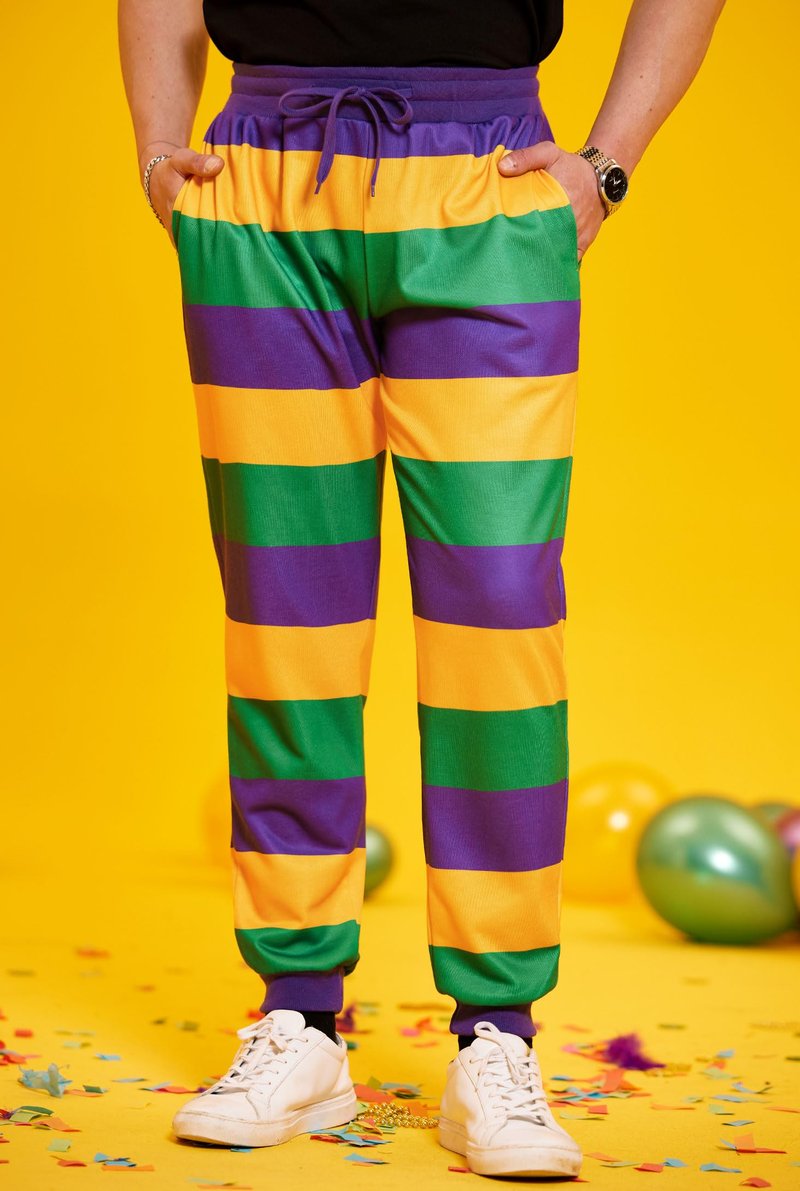 Arvilhill Men Mardi Gras Pants Funny Parade Purple Gold Green Party Sweatpants Fat Tuesday Casual Drawstring Joggers Striped XL
