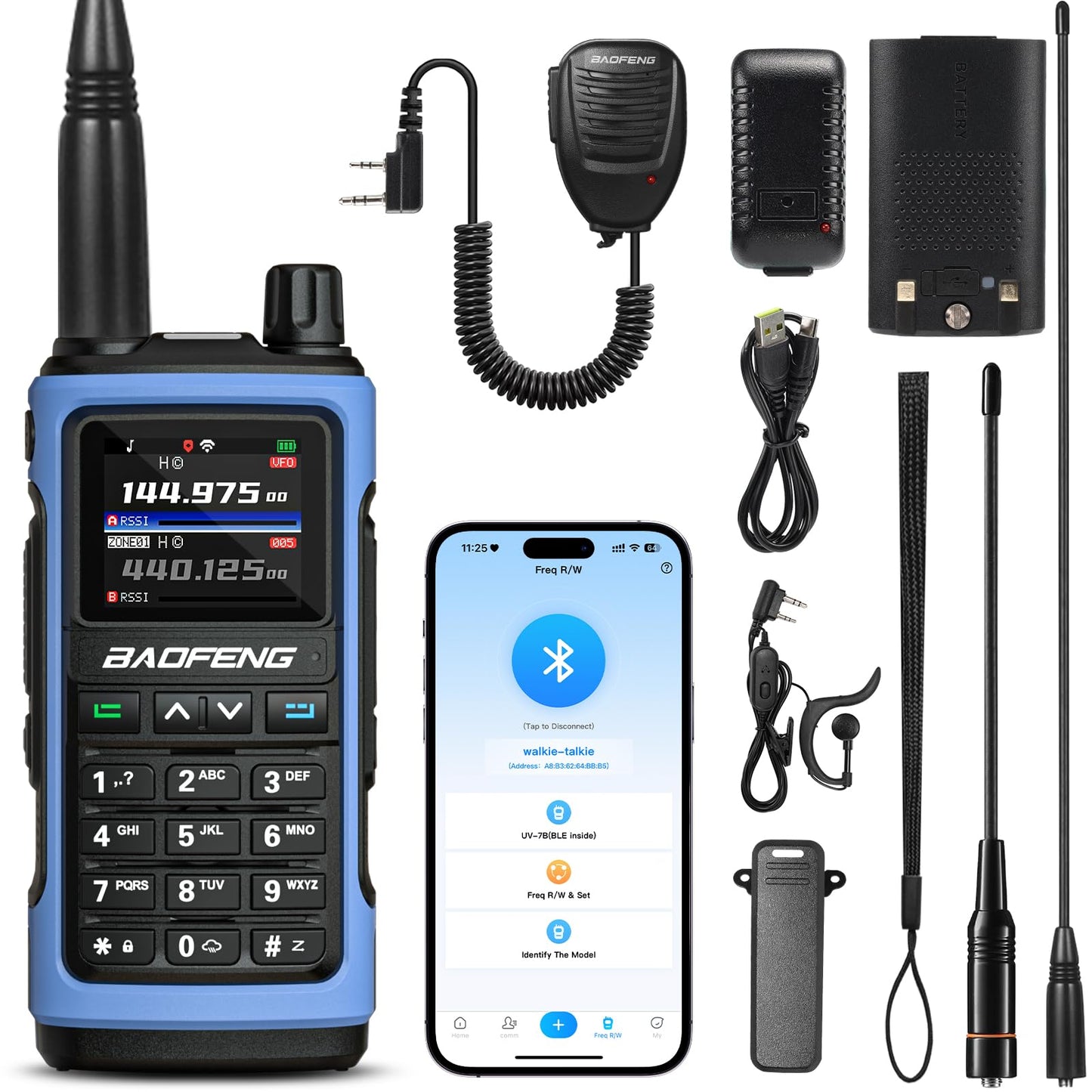 BAOFENG UV-7B Handheld Ham Radio, Chirp & Wireless APP Programmable, UV FM Aviation NOAA Receiver, 1000 CHs 10 Zones, USB-C Port, Channel Copy, SOS Strobe, with Speaker Mic & Extra High Gain ANT