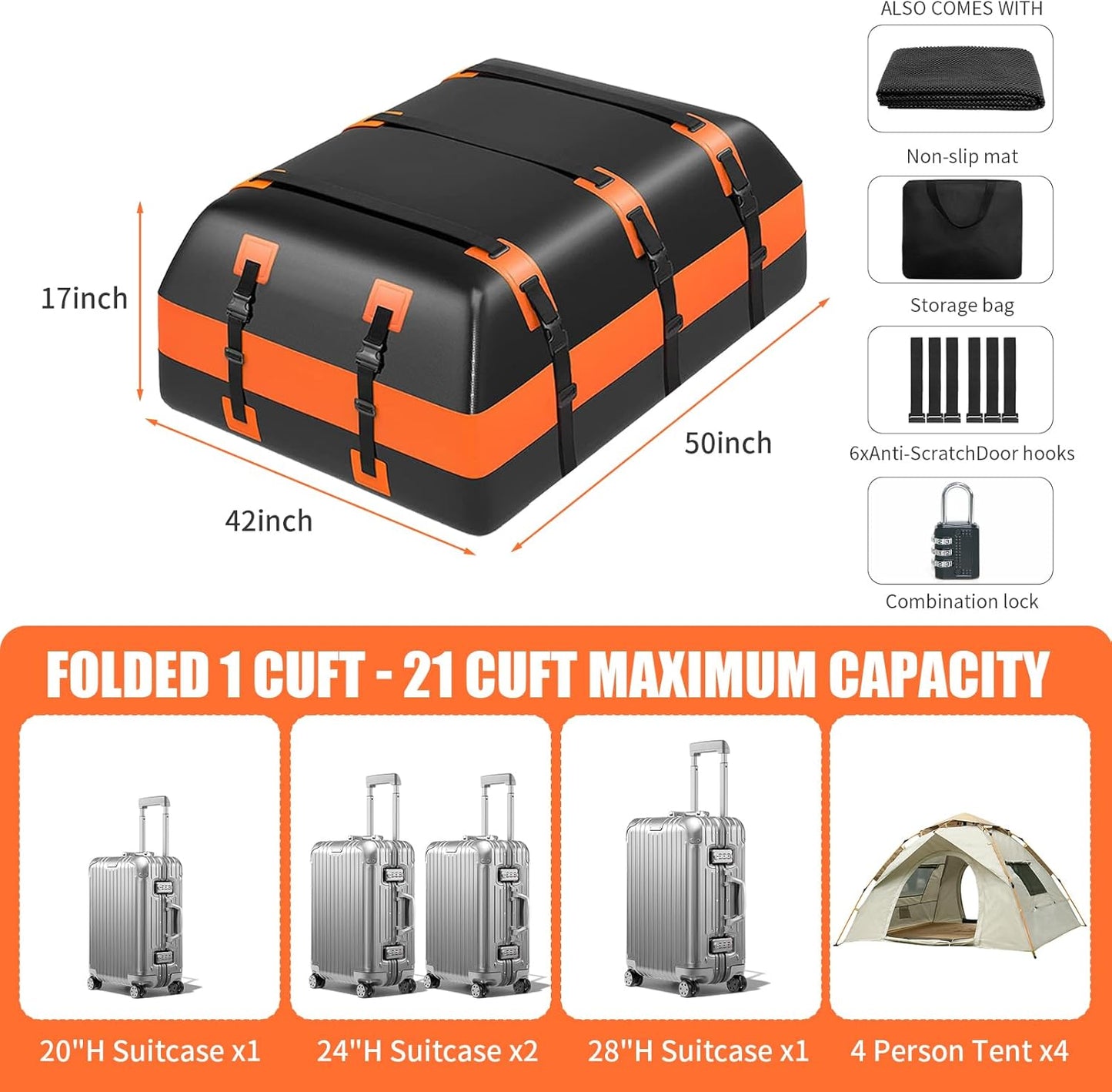 Skiennix 21 Cubic Feet Rooftop Cargo Carrier Bag - 100% Waterproof Heavy Duty Design | Includes Anti-Slip Mat & Accessories