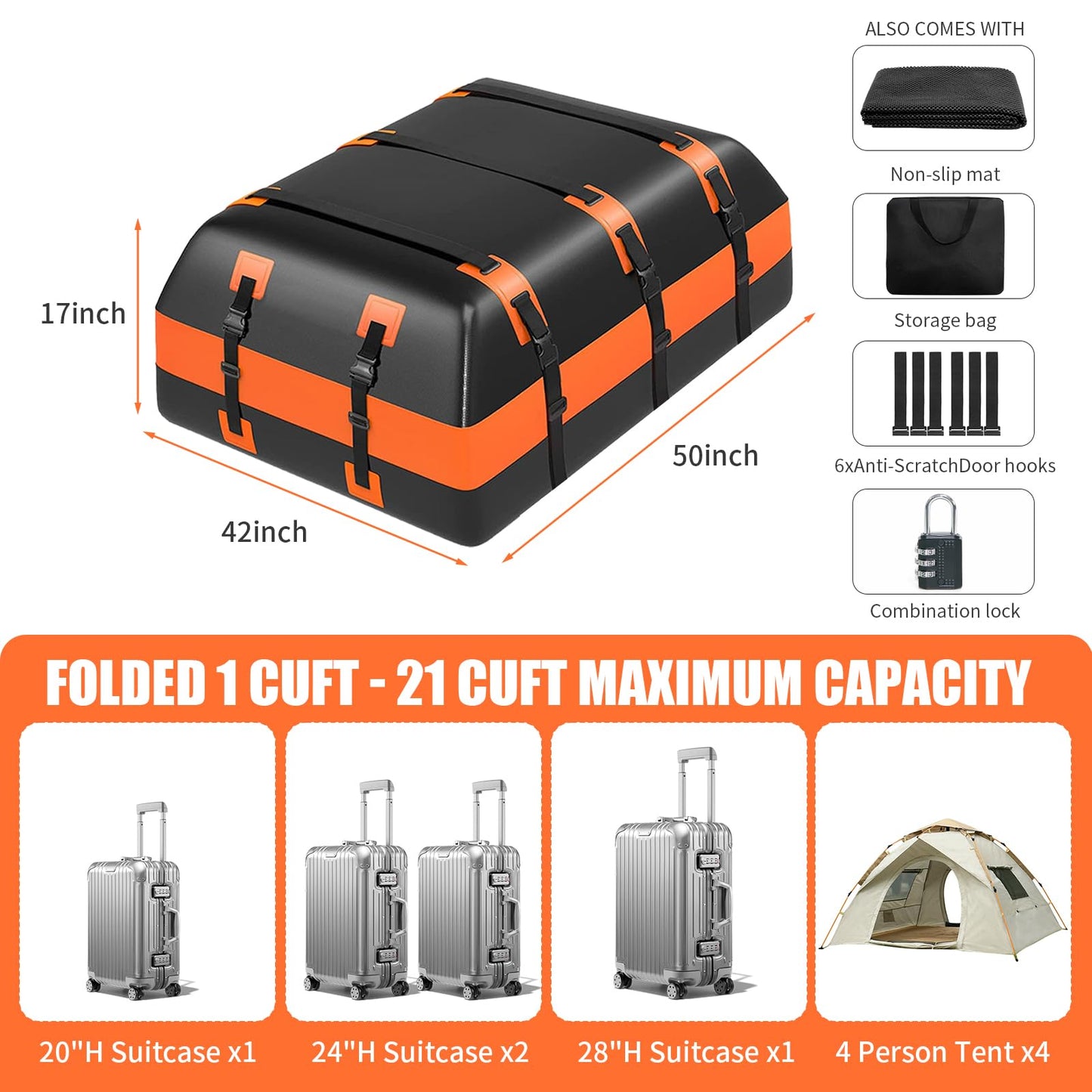 21 Cu Ft Waterproof Car Rooftop Cargo Bag Heavy Duty 840D Roof Top Carrier with Anti-Slip Mat, Luggage Lock, 6 Door Hooks for SUVs, Sedans, Minivans – Perfect for Road Trips, Camping, Outdoor Travel
