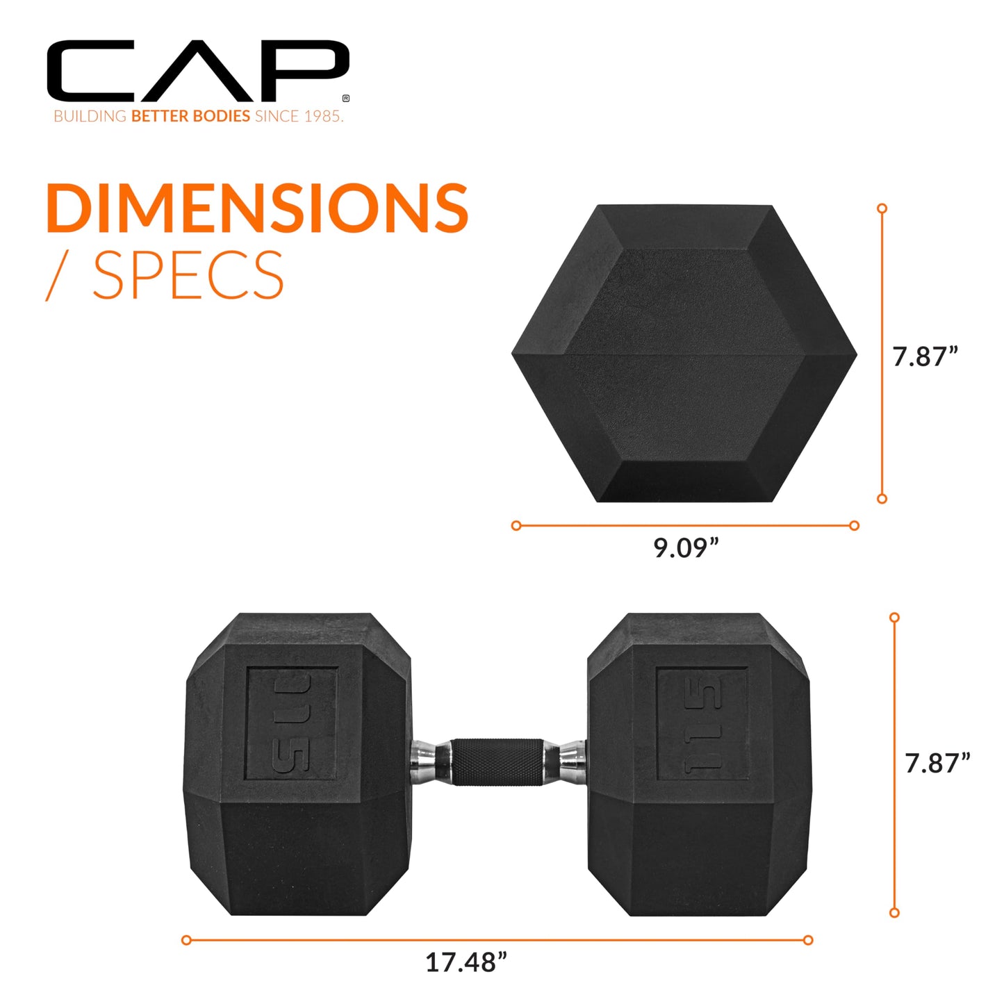 CAP 115 LB Rubber Coated Hex Dumbbell Weight, Rubber Free Weights for Home Gym Strength Training, Comfort Grip Handle, Single