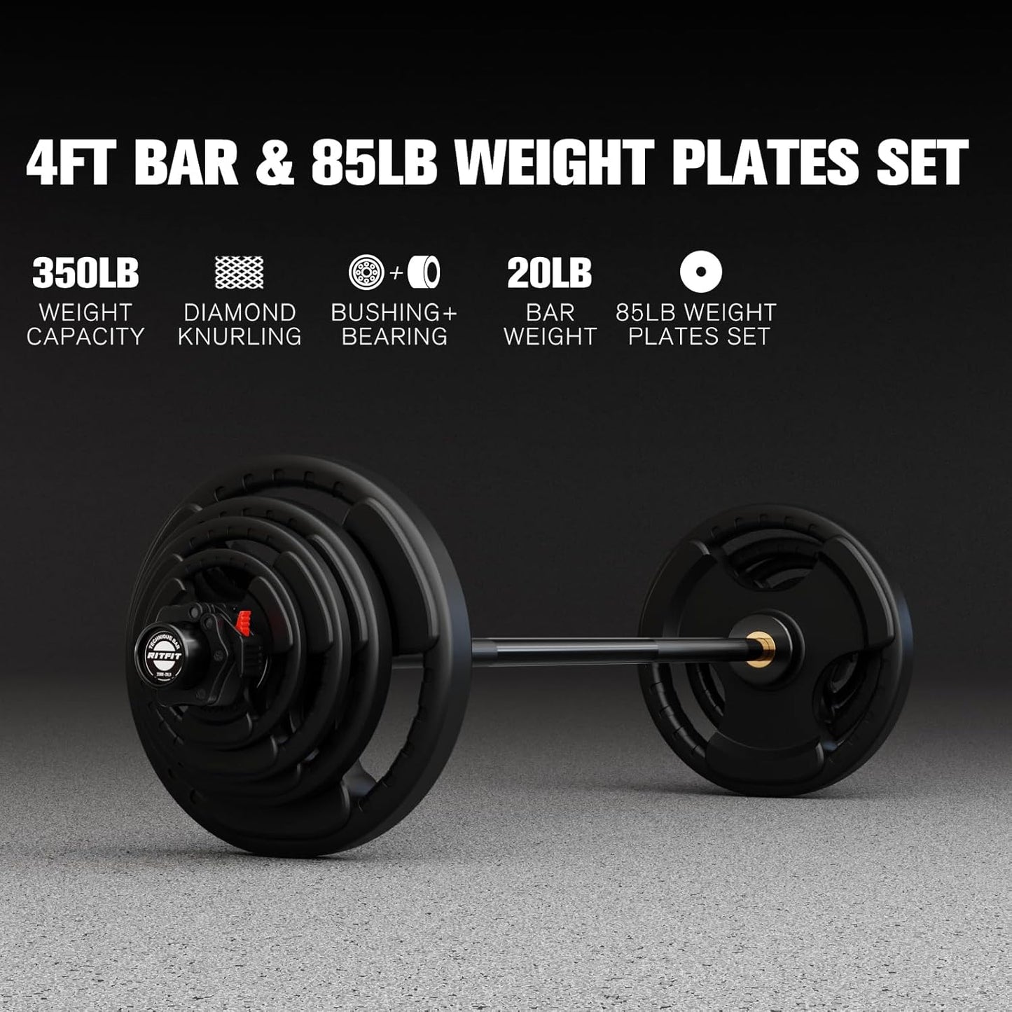 RitFit Olympic Barbell Weight Set - 4/6FT Bar with 55-115LB Plates | Ideal for Weightlifting & Strength Training
