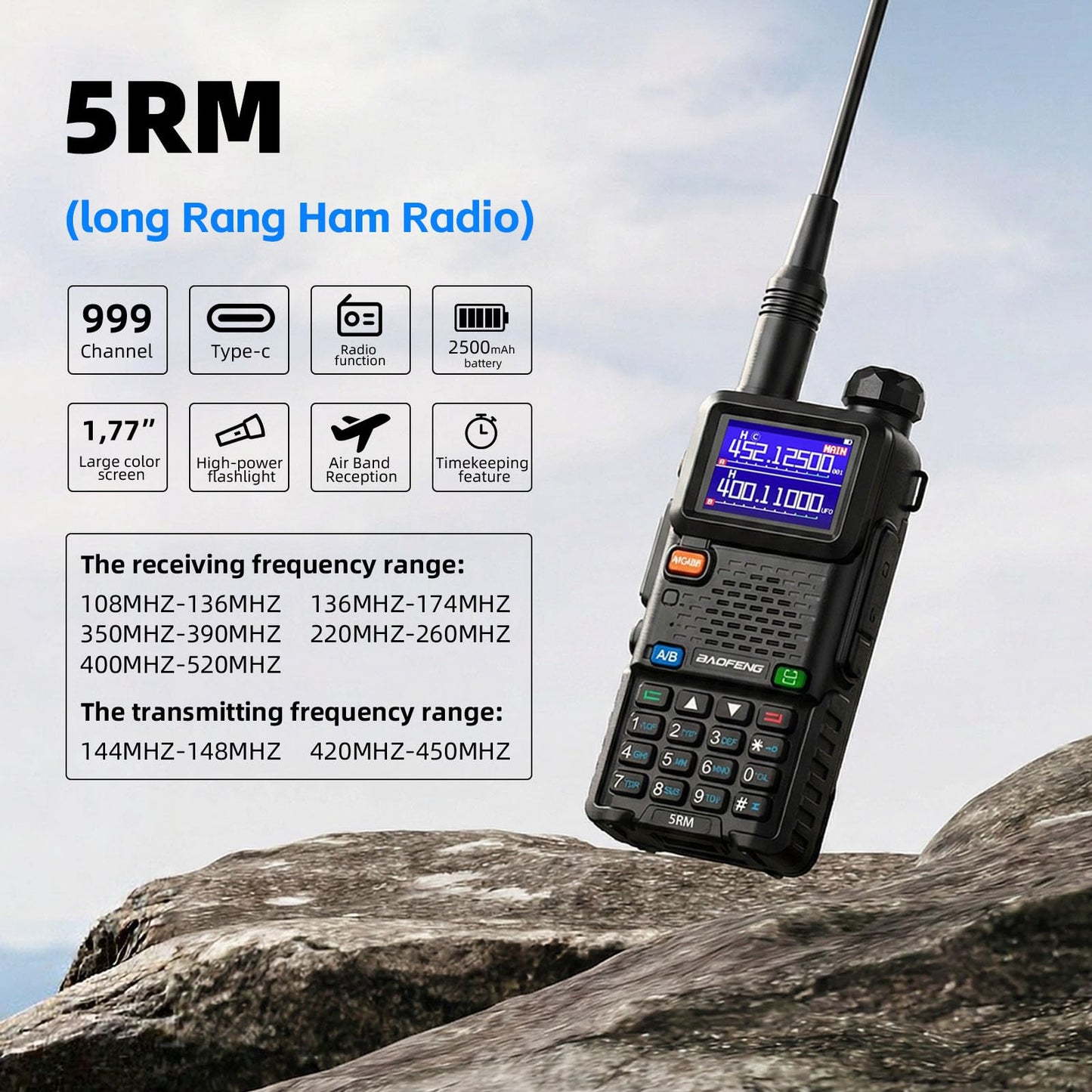 Baofeng Radio UV-5RM Ham Radio Handheld UV5R Walkie Talkies Long Range with NOAA Weather | Rechargeable |Programming Cable & Earpiece | 999 Channels for Emergency,Survival,Hunting,Camping(2 Pack)