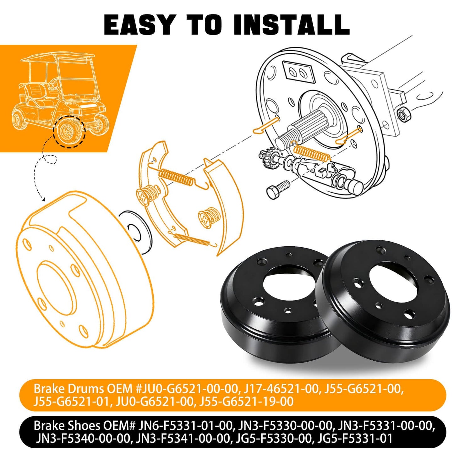 Golf Cart Yamaha Brake Drum and Brake Shoes Spring Kit Fit for Yamaha G14, G16, G19, G22 G&E 1994-2006 Models, OEM JU0-G6521-00-00, JN6-F5331-01-00, JN3-F5331-00