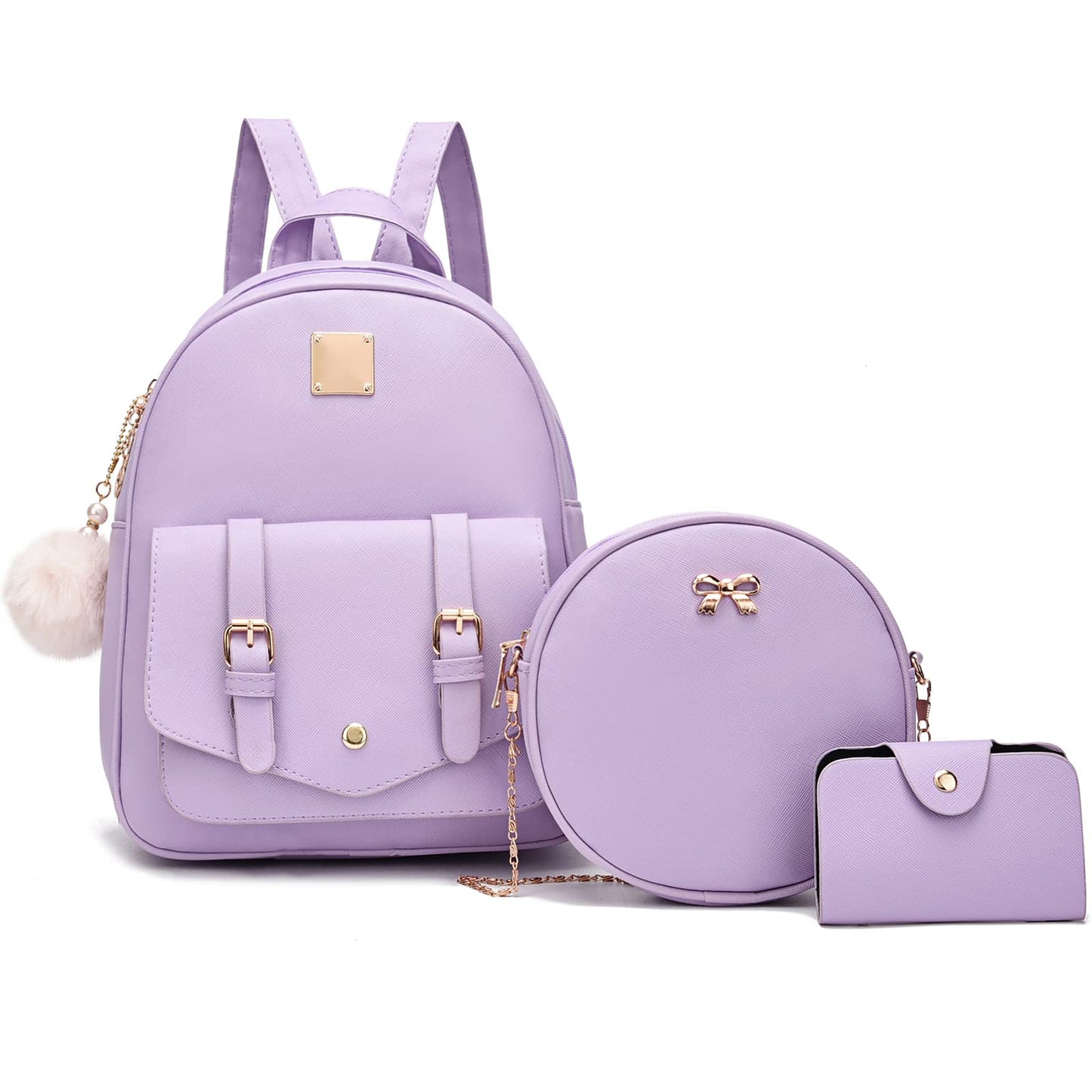 I IHAYNER Mini Backpack Purse for Teen Girls 3-PCS Fashion Backpack Cute Travel Daypacks Women Pompom Backpack Shoulder Bag (Purple-1)