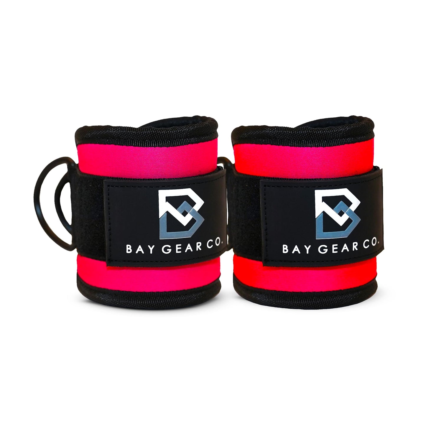 Bay Gear Co. Ankle Straps – Strong Hook and Loop System & Neoprene Padded for Cable Machine Glute Workouts, Slick Black Stainless Steel D Ring, Adjustable Fit for Men & Women, Pink, Pair